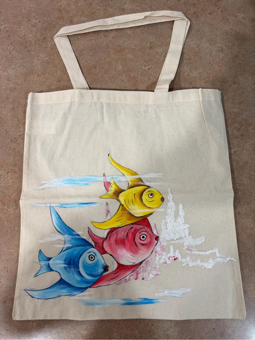 Hand-Painted Fish Canvas Tote Bag - Yellow, Pink, Blue